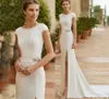 Suknie Bride Ivory Bride High Slits Syrenki Satin Nowoczesne Suknie Ślubne Kwiaty Scoop Neckline Cap Rękawy Plus Rozmiar 2022