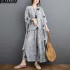 DIMANAF Plus Size Two Piece Set Suit Women Clothing Vinatge Print Elegant Lady Tops Shirt Linen Loose Pants Female Suit Summer 210721