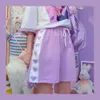 Kawaii tjejer bomull lila shorts sommar kärlek hjärta print patchwork korta harajuku elastiska höga midja dragsko kvinnor 210714