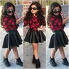 Girls Kids Princess Fashion Plaid Tops Shirt Leather Skirt Summer Outfits Clothes fashion style hot selling Top suits Clothing Sets