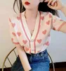 New design women's autumn summer v-neck short sleeve love heart print knitted shirt sweater cardigan tops tees SML