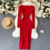 2021 otoño nuevo diseño mujer cuello cuadrado manga larga color sólido bodycon túnica sexy midi largo lápiz vestido de punto