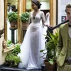 Luxo Beading Bainha Africana Vestidos de Noiva com Saias Destacáveis ​​2022 Sheer V Decote Mangas compridas Pérolas Frisadas 2 em 1 vestidos nupciais Boho Beach Lace Renda Vestido