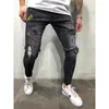 3 Styles Men Ripped Skinny Biker Jeans Destroyed Frayed Print Embroidery Slim Fit Denim Pant Jean X0621