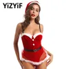 Kvinnor Julklänning Upp Party Underkläder Justerbara band Röd Velvet Bodysuit Mrs Claus Santa Cosplay Sexig Kostym Xmas Outfit