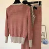Elegant Fashion Stripe Knitted 3 Piece Sets Women Style Long Sleeve Cardigan+Vest+Wide Leg Pants Autumn Knit Suit 211105