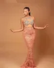 2022 Arabisch Stil Illusion Mermaid Prom Kleider Top Perlen Rosa Spitze unten Formale Party Kleid Satin Vestido de Novia