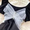 Yaz Siyah Örgü Boncuk Mini Elbise Kadınlar Seksi Kare Yaka Kısa Kollu Yüksek Bel A-Line Ince Parti Vestidos Kadın 2021 Yeni Y0603