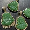 Plaqué Or 18K Glacé Rire Bouddha Vert Jade Pendentif Collier Hommes Bling Bijoux Cadeau