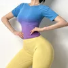 Womengaga meisje strakke sporten t-shirt vrouwelijke zomer gradiënt lopende fitness sneldrogende korte mouw top tees tops Koreaanse JB8S 210603