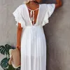 2021 Kvinnor Vit Maxi Klänning Backless Deep V Neck Ruffle Single Breasted Belted Sexig Sommar Lång Vacation Beach Dress X0521