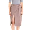 Clearance Women Winter Spring Skirt Split Jupe med midjebälte Kvinna Fall Fashion Brown Solid Färg Knee-Length Kjolar Kläder 210527