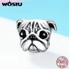 Wostu 925スターリングシルバーかわいいパグ犬ペット動物のチャームフィットオリジナルのDIYビーズブレスレットジュエリー作りギフトQ0531