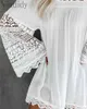 オフショルダーホローレース刺繍パッチワークビーチミニドレスルーズカジュアル長袖女性vestido Y0726