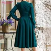 S.FLAVOR Women Vintage Solid Color A-line Dress Elegant Green Long Sleeve Pleated Midi Vestidos Spring Casual Dresses 220210