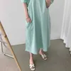 Zielone Długie Sukienki Dla Kobiet Luźne Dorywczo Rękaw Puff Rocznika Oversized Letni Koreański Bawełniany Midi T Shirt Dress 210529