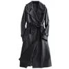 Lautaro long trench-coat en cuir noir pour les femmes à manches longues ceinture revers femmes mode luxe printemps style britannique survêtement 211007