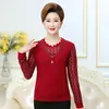 Blusas das mulheres Camiseta Vermelho preto Caramelo Patchwork Polka Dot Blusa Meio Envelhecido Mulheres Mola Outono Redondo Coleira Brilhante Tela Longa S