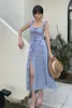 Mulheres Ruffle Vestido Irregular Verão Boho Sexy Strap HollowSting Out Skinny Blue Slit Vestidos de festa noturno Vestidos 210608