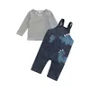 Newborn Baby Girls Boys 2pcs Clothes Suit Fashion Stripe Long Sleeve T-shirt and Dinosaur Suspender Pants Outfits G1023