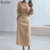 2021 Snygga kvinnor Solid Sundress Zanzea Vintage Långärmad Kvadratisk Neck Midi Klänning Höst Ol Kontor Kaftan Kvinna Lace Up Robe Y220214