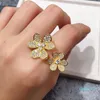 fashion Copper Plated Glossy Clover Open Double Flower Ring Women Rose Gold Stainless Steel Rings For Party Gift Jewelry for women269y