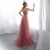 Beading Prom Dresses Plus Size Różowy Wysoki Split Tulle Sweep Pociąg Rękawów Suknia wieczorowa A-Line Lace Up Backless Vestido DE 210719
