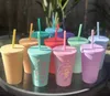 16OZ Double Layer Fashion Adults and Kids Straight Coffee Cup Mugs Tumblers Candy Colors Plastic Frosted Water Cups With Straw