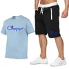 Trainingspak Mannen 2021 Zomer Korte Mouw Casual 100% Katoenen T-shirt Shorts Heren Sweatsuit 2Pc Tee Tops Sweatpant Mannelijke set333j