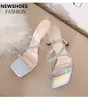 2021european and American Spring and Summer Slippers Rhinestone Square Toe Mid-High Heel Sandals Flip-Flops