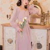 Yosimi Długie Dres Lato Vintage Fit i Flare Długość Bez Ramiączek Bez Ręki Puffowej Puff Sleeve Empire Pink Poliester Party 210604