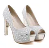 2022 Rhinestone Wedding Shoes High Heels Peep Toe Sandals Bridal Pumps Sexy Evening Party Shoes Silver Black