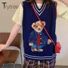 Women's Sweaters Trytree Autumn Winter Women Sweater Vest Casual Thin Navy Fashion Young Style Cartoon Bear Knitted And