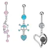 14g Zircon Heart Belly Knapp Ring Dangle Skull Navel Piercing Smycken Rostfritt Stål Barbell För Kvinnor