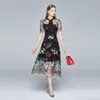 Summer Elegant Party Dress Women Flower Embroidery Mesh Female Bow Collar Short Sleeve Lace splice Vestidos 210529