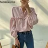 Dames Blouses Shirts Nomikuma Blusas Koreaans Zoete Shirt Vrouwelijke Patchwork Enkele Breasted Lange Mouwen Vrouwen Herfst Mode Tops 3D673