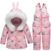 Kids Baby Girl Rabbit Ear Fur Hooded Coat Ski Snow Suit JacketBib Pants Overalls Dotted Down Clothes LJ2011262757780
