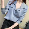 Double Turn-Down Collar Blouse Ladies Satin Shirt Women Tops Autumn Spring Loose Long Sleeve Chiffon Plus Size 210601