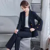 Mulheres de duas peças Calças Corean Cinzento Manga Slim Business Blazer + Pant 2 Set Mulheres Escritório Senhora Jaqueta Notched Calças Ternos Cintos