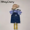 Summer Baby Girl Set Strosted Court À manches courtes Denim Sangles Shorts Deux Costume Outfit 210702