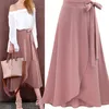 Chiffon Pink Ruffle Gonna lunga da donna a vita alta Bowtie Split Maxi gonne irregolari Donna Primavera Inverno Abiti da ufficio Donna 210311