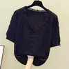 L-4XL plus size women fashion v neck lace kint sweater pullover short sleeve solid thin Oversized sweaters jersey mujer 210604