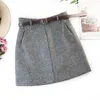 Spring Aankomst Vintage Temperament High Taille Aline Office Skirts Dames met riem wollen mini -rok 210311