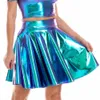 Sommar sexig laser hög midja mini pu läder kjol klubb parti dans glänsande holografiska kjolar hajuku jk metallic pläterade kjolar 210721