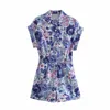 ZA Blue Floral Print Summer Combinaison Femmes Manches courtes Taille élastique Combinaisons Femme Back Patch Poches Vintage Rompers 210602