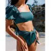 Sexy Bikini Solid Color Tankini Sport Bandeau Swimsuit Short Sleeve Summer High Waist Cut Backless Bathing Suit Beachwear 210621