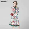 Banulin Lente Zomer Mode Runway Shirt Dres's Lange Mouw Elegante Floral Stripe Print OL Geplooide Midi 210623