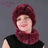 Mode Girl Fur Cap Lady Winter Natural Real Rex Kanin Hat Scarf Suite Högkvalitativa Kvinnor 100% Äkta