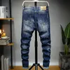 Męskie dżinsy 2022 moda na co dzień męskie proste rozciągliwe kropki Craft małe stópki Skinny Jens męskie porysowane spodnie dżinsowe z niebieską dziurą