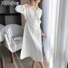 Escritório elegante camisa vestido mulheres botão casual up manga longa branco midi vestidos coreanos férias praia streetwear 210709